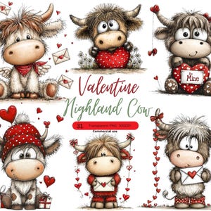 May include: Six cartoon Highland cows with Valentine's Day themes. Each cow has a unique design, featuring hearts, envelopes, and accessories. The text "Valentine Highland Cow" is displayed in the center.