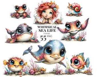 Wunderliche Sea Life Clipart PNG, süße Fantasy Ocean Animals Bundle, Märchenbuch Marine Charaktere, Aquarell kommerzielle Nutzung