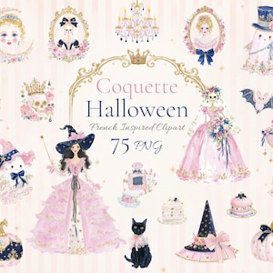 May include: A digital collection of Coquette Halloween French Inspired Clipart featuring 75 PNG files. The set includes watercolor illustrations of a witch, ghosts, skeletons, pumpkins, a black cat, a chandelier, and ornate frames in pink, blue, and gold.