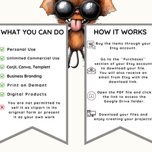Pu&ograve; includere: Un grafico informativo con una creatura dei cartoni animati con pelliccia marrone e occhiali da sole neri. Due banner verticali mostrano il testo: WHAT YOU CAN DO con segni di spunta verdi e HOW IT WORKS con icone del processo di download.