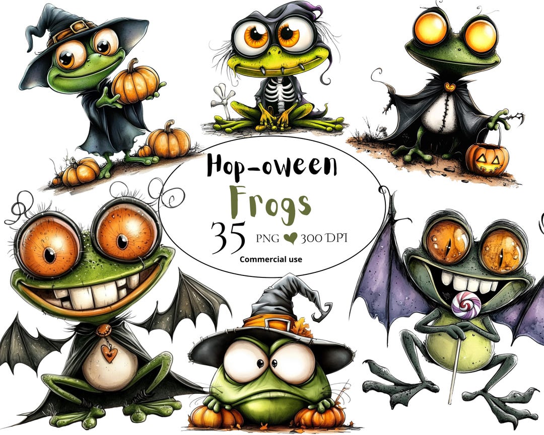 Halloween Toad Quirky Frog Clipart Bundle, Funny Frog Pngs, Witch Hat ...