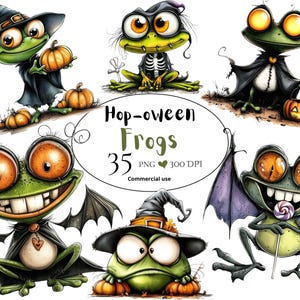 May include: A digital illustration of cartoon frogs with Halloween themes. The frogs are green with large orange eyes and are dressed in witch hats, capes, and holding pumpkins. The text "Hop-oween Frogs" is also present.