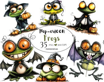 Pacchetto di clipart di rane e rospi stravaganti per Halloween, PNG di rane divertenti, illustrazione di cappello da strega, stagione spettrale, junk journaling stravagante