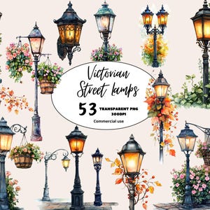 Aquarel Victoriaanse Straatlantaarnpaal Clipart Bundel, Vintage Lamp PNG, Straatlantaarn, Oude Straatlantaarn, Digitale download, Commercieel gebruik