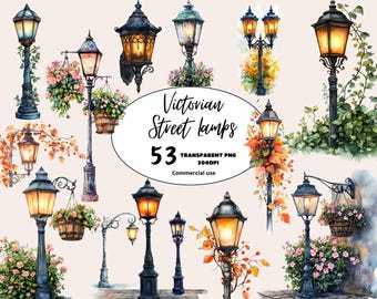 Zestaw clipartów: Akwarela, Wiktoriańska latarnia uliczna, Lampa w stylu vintage w formacie PNG, Latarnia uliczna, Stara lampa uliczna, Pobieranie cyfrowe, Użytek komercyjny