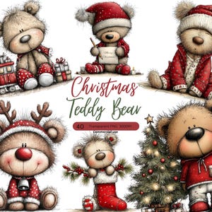Pode incluir: Uma coleção de ilustrações em estilo aquarela com ursinhos de pelúcia em trajes natalinos. Os ursos são retratados com gorros de Papai Noel, chifres de rena e segurando presentes. O texto "Christmas Teddy Bear" também está presente.