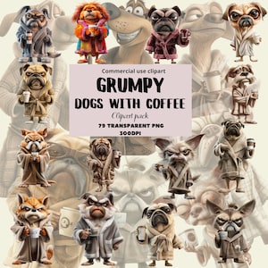 Cute Grumpy Dogs Coffee Designs Funny Pet Puppy Whimsical Clipart PNG Bundle - 79 PNG Digital Download Commercial Use