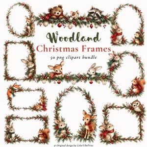 Op de afbeelding: Een verzameling digitale kaders met groenblijvende takken, rode bessen, dennenappels en ornamenten, versierd met illustraties van bosdieren zoals herten, konijnen, eekhoorns en uilen met sjaals. De tekst luidt Woodland Christmas Frames.