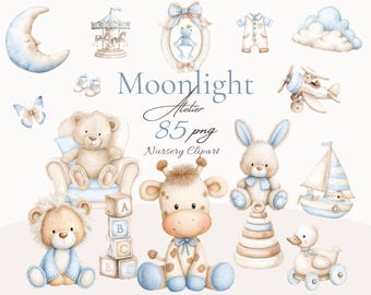 Imágenes prediseñadas de acuarela de Moonlight Atelier, ositos de peluche, animales del bosque, decoración para guardería, gráficos para baby shower (85 PNG)