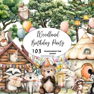 Fête d'anniversaire des animaux des bois, clipart aquarelle PNG, célébrez avec un ours brun, un renard, un hibou, un lapin, un loup, une souris et plus encore, utilisation commerciale