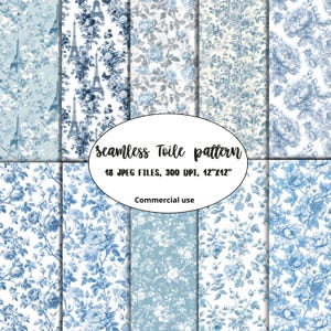 Blue Toile De Jouy Digital Paper, Vintage Floral Patterns, Blue And White Chinoiserie Backgrounds, Digital Scrapbook Paper, French Toile