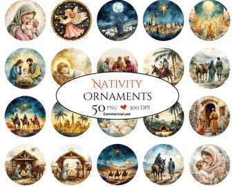 Puede incluir: Una colección de 20 adornos redondos de acuarela del nacimiento. Cada adorno presenta una escena diferente de la historia de la Natividad, incluyendo la Sagrada Familia, ángeles y los Reyes Magos. Los adornos son de varios colores y estilos.
