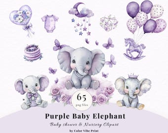 Purple Elephant Baby Shower Clipart Bundle, Watercolor Nursery Art (65 PNG Files)