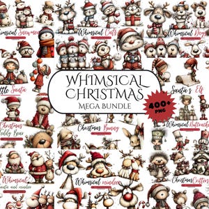 May include: A selection of whimsical Christmas illustrations, including snowmen, cats, dogs, Santa, reindeer, elves, and other festive characters. The image includes the text "WHIMSICAL CHRISTMAS MEGA BUNDLE 400+ PNG".