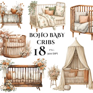 Cuna de bebé bohemia, muebles de guardería en acuarela PNG, decoración neutra para habitación de bebé, uso comercial