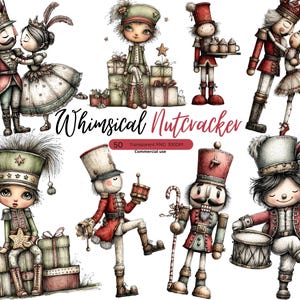 Peut inclure: Illustrations à l'aquarelle de personnages fantaisistes de Casse-Noisette dans diverses poses. Les images présentent des soldats, des danseurs et des boîtes cadeaux en rouge, vert et or. Le texte "Whimsical Nutcracker" est affiché.