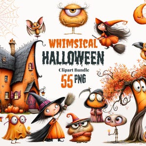 May include: A digital clipart bundle featuring Halloween-themed illustrations including an orange house, a witch on a broom, a cat, a ghost, a tree, and various creatures. The text reads WHIMSICAL HALLOWEEN Clipart Bundle 55 PNG.