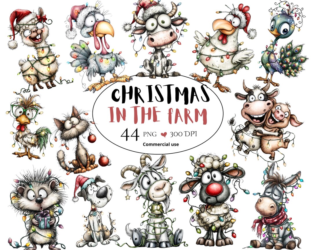 Christmas Farm Animals Clipart Bundle, Festive PNG Graphics (commercial ...