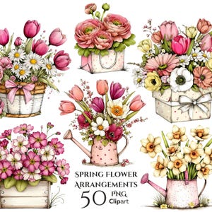 Puede incluir: Ilustraciones en acuarela de arreglos florales primaverales. La imagen presenta ramos de tulipanes rosas, margaritas y otras flores en cestas, cajas de regalo y regaderas. También se incluye el texto "SPRING FLOWER ARRANGEMENTS 50 PNG Clipart".