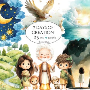 Puede incluir: Ilustración en acuarela con elementos de la creación. Se representan un cielo nocturno con luna y estrellas, un águila, un amanecer sobre el agua y figuras de dibujos animados. El texto dice "7 DAYS OF CREATION". Incluye 25 archivos PNG a 300 DPI.
