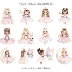 Puede incluir: Colecci&oacute;n de ilustraciones en acuarela con princesas con coronas y vestidos en colores pastel. Algunas princesas sostienen varitas o interact&uacute;an con una mariposa y un conejito. Las ilustraciones son de estilo caprichoso.