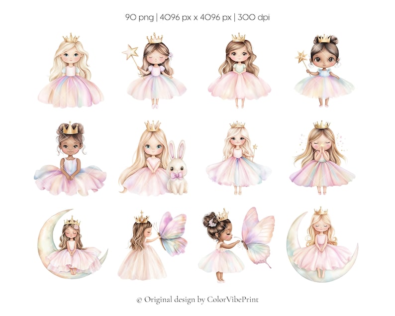 Puede incluir: Colecci&oacute;n de ilustraciones en acuarela con princesas con coronas y vestidos en colores pastel. Algunas princesas sostienen varitas o interact&uacute;an con una mariposa y un conejito. Las ilustraciones son de estilo caprichoso.