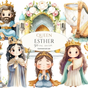 Puede incluir: Ilustraciones en acuarela con la Reina Ester e imágenes relacionadas. Las imágenes incluyen un rey, un arpa, una corona, un cetro y un templo. El texto "Queen Esther" se muestra en el centro de la imagen, junto con otro texto.