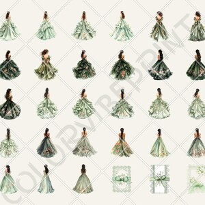 Puede incluir: Una colecci&oacute;n de ilustraciones en acuarela que representan mujeres con elegantes vestidos de baile. Los vestidos son en tonos verdes, con detalles intrincados y acentos florales. La imagen tambi&eacute;n incluye elementos florales decorativos, perfectos para manualidades.