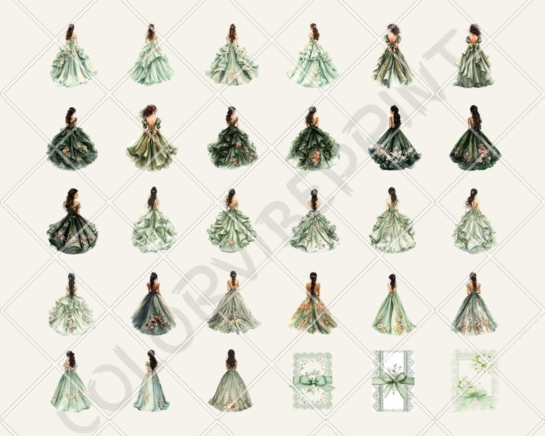Puede incluir: Una colecci&oacute;n de ilustraciones en acuarela que representan mujeres con elegantes vestidos de baile. Los vestidos son en tonos verdes, con detalles intrincados y acentos florales. La imagen tambi&eacute;n incluye elementos florales decorativos, perfectos para manualidades.