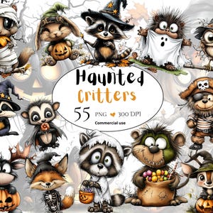 Puede incluir: Una colección de ilustraciones caprichosas con temática de Halloween que presentan varios animales disfrazados. La imagen incluye un mapache con un sombrero de bruja, una ardilla envuelta en vendas y un oso con un parche en el ojo. Se muestra el texto "Haunted Critters".