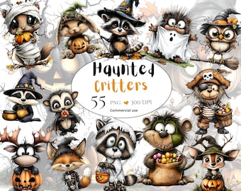 Clipart di cuccioli di animali del bosco di Halloween stravaganti, volpe, procione, orso e gufo della foresta magica, pacchetto foresta spettrale, PNG ad acquerello, uso commerciale