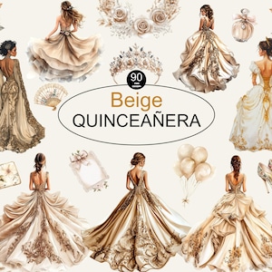 Aquarel beige Quinceanera jurk cliparts, bruidsjurken, doe-het-zelf uitnodiging, Mexicaanse jurk, prinsessenelementen, feestdecoraties