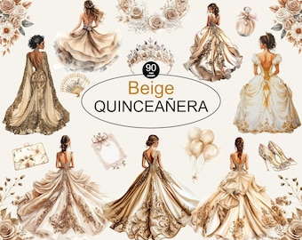 Imágenes prediseñadas de vestido de quinceañera beige con acuarela, vestidos de fiesta de boda, invitaciones DIY, vestido estilo mexicano, elementos de princesa, decoraciones para fiestas