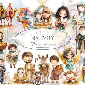 Cute Nativity Scene Watercolor Clipart, Xmas Watercolor Jesus Birth Illustration, Three Kings, Mary Virgin, Instant Download For Commercial