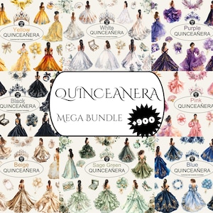 Puede incluir: Una colecci&oacute;n de arte digital con ilustraciones en acuarela de vestidos de quincea&ntilde;era en varios colores, incluyendo amarillo, blanco, negro, morado, rosa, beige, verde salvia y azul. Se muestra el texto "Quincea&ntilde;era Mega Bundle +900".