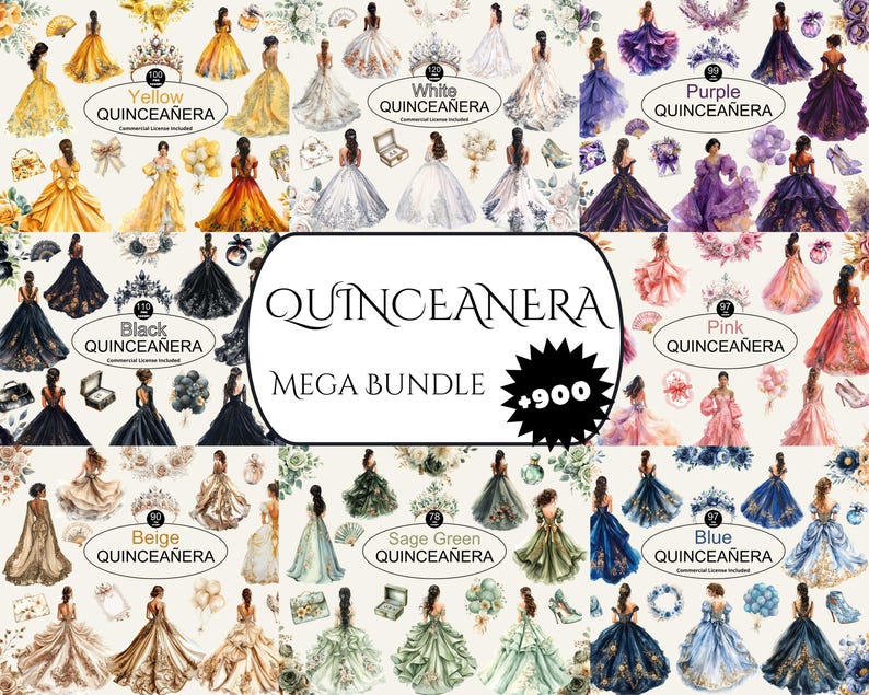 Puede incluir: Una colecci&oacute;n de arte digital con ilustraciones en acuarela de vestidos de quincea&ntilde;era en varios colores, incluyendo amarillo, blanco, negro, morado, rosa, beige, verde salvia y azul. Se muestra el texto "Quincea&ntilde;era Mega Bundle +900".