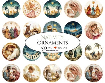 Puede incluir: Una colección de adornos de la Natividad en acuarela que representan varias escenas navideñas. Los adornos redondos representan la Sagrada Familia, ángeles, los Reyes Magos y el establo. Se muestra el texto "Nativity Ornaments".