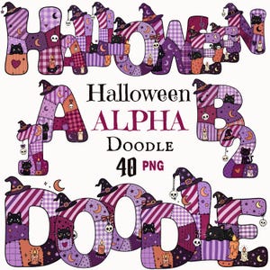 Può includere: Un set grafico digitale che presenta il testo Halloween ALPHA Doodle 40 PNG. Le lettere sono progettate con un motivo patchwork viola e arancione, decorate con illustrazioni di gatti neri, cappelli da strega, teschi e candele.