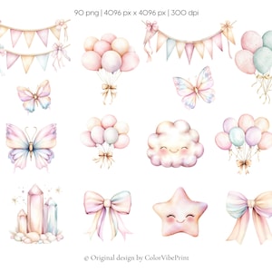 Puede incluir: Ilustraciones en acuarela de elementos y decoraciones de fiesta en colores pastel. La imagen incluye banderines, globos, mariposas, una nube, cristales, lazos y una estrella. El texto "Original design by ColorVibePrint" est&aacute; en la parte inferior.