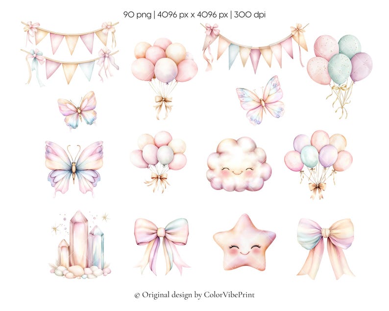 Puede incluir: Ilustraciones en acuarela de elementos y decoraciones de fiesta en colores pastel. La imagen incluye banderines, globos, mariposas, una nube, cristales, lazos y una estrella. El texto "Original design by ColorVibePrint" est&aacute; en la parte inferior.