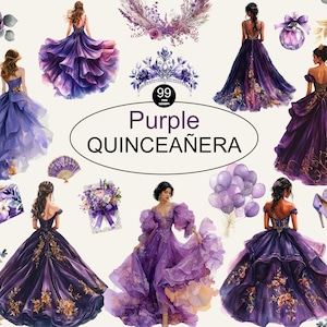 Aquarel paarse Quinceanera cliparts, bruidsjurken, doe-het-zelf uitnodiging, Mexicaanse jurk, prinsessenelementen, feestdecoraties