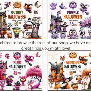 Pu&ograve; includere: Una collezione digitale di quattro pacchetti di clipart a tema Halloween con personaggi dei cartoni animati, case infestate e alberi. Il testo include Quirky Halloween 60 PNG, Purple Halloween 45 PNG, Pink Halloween 45 PNG e Whimsical Halloween 55 PNG.