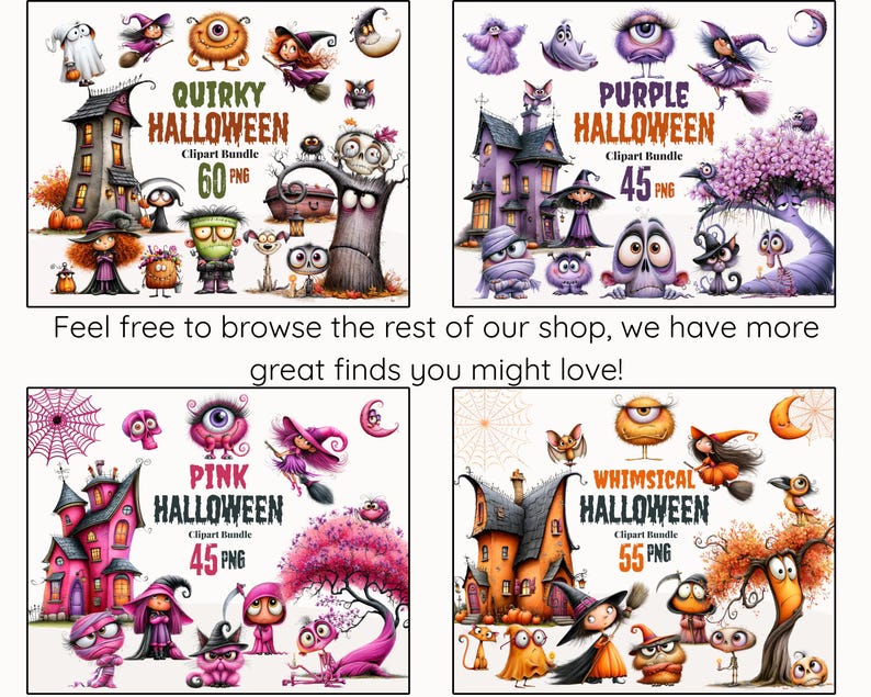 Pu&ograve; includere: Una collezione digitale di quattro pacchetti di clipart a tema Halloween con personaggi dei cartoni animati, case infestate e alberi. Il testo include Quirky Halloween 60 PNG, Purple Halloween 45 PNG, Pink Halloween 45 PNG e Whimsical Halloween 55 PNG.