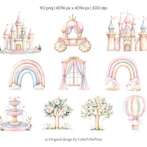Puede incluir: Ilustraciones en acuarela de castillos, un carruaje, arco&iacute;ris, una ventana con cortinas, una fuente, &aacute;rboles y un globo aerost&aacute;tico. La paleta de colores incluye rosas, azules y amarillos suaves. El texto "Original design by ColorVibePrint" est&aacute; en la parte inferior.