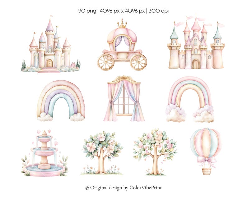 Puede incluir: Ilustraciones en acuarela de castillos, un carruaje, arco&iacute;ris, una ventana con cortinas, una fuente, &aacute;rboles y un globo aerost&aacute;tico. La paleta de colores incluye rosas, azules y amarillos suaves. El texto "Original design by ColorVibePrint" est&aacute; en la parte inferior.