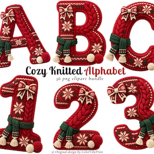 Ensemble d'alphabet de Noël tricoté au format PNG, lettres A à Z et chiffres 0 à 9 en laine douce, clipart monogramme de Noël, PNG pour sublimation
