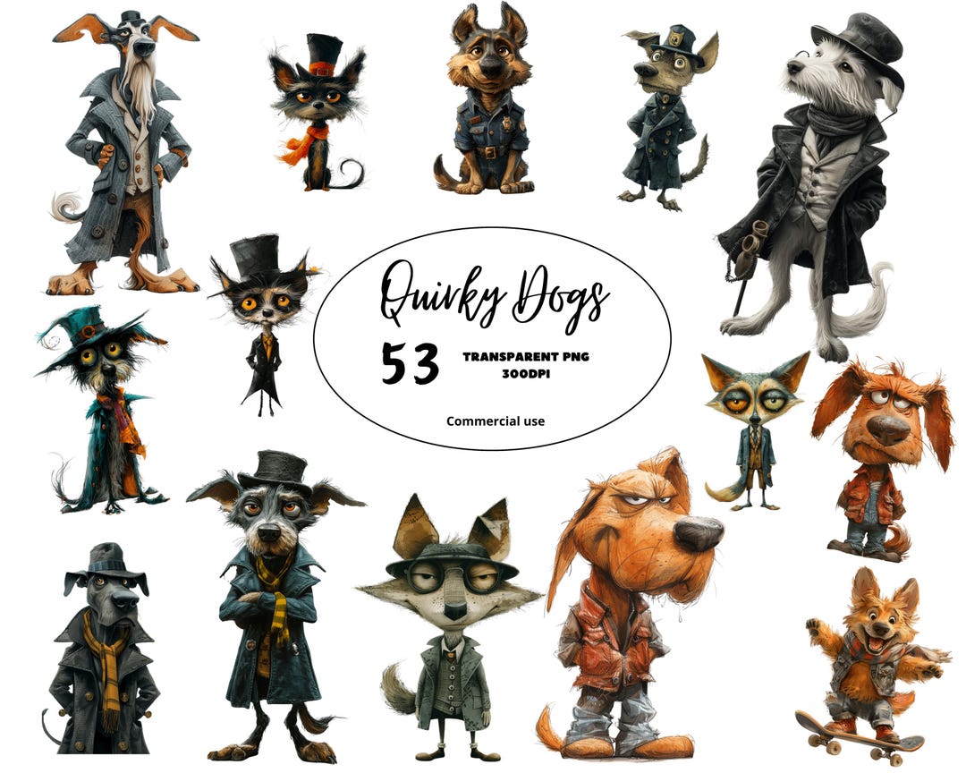 Cute Funny Quirky Dogs Clipart PNG Bundle Whimsical Dogful Animated Dog ...