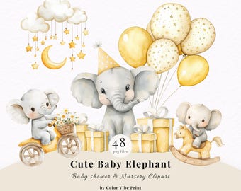 Watercolor Yellow Elephant Clipart PNG, Baby Shower, Birthday, Nursery Art (Commercial Use)