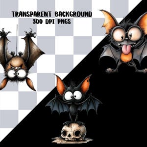 Pu&ograve; includere: Tre illustrazioni digitali di pipistrelli in stile cartoon. Un pipistrello &egrave; appeso a testa in gi&ugrave;, uno indossa occhiali con la lingua di fuori e uno &egrave; sopra un teschio. Il testo recita: TRANSPARENT BACKGROUND 300 DPI PNGS. Disegni colorati.