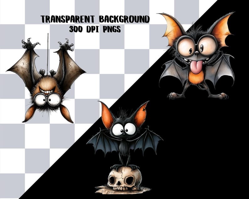 Pu&ograve; includere: Tre illustrazioni digitali di pipistrelli in stile cartoon. Un pipistrello &egrave; appeso a testa in gi&ugrave;, uno indossa occhiali con la lingua di fuori e uno &egrave; sopra un teschio. Il testo recita: TRANSPARENT BACKGROUND 300 DPI PNGS. Disegni colorati.